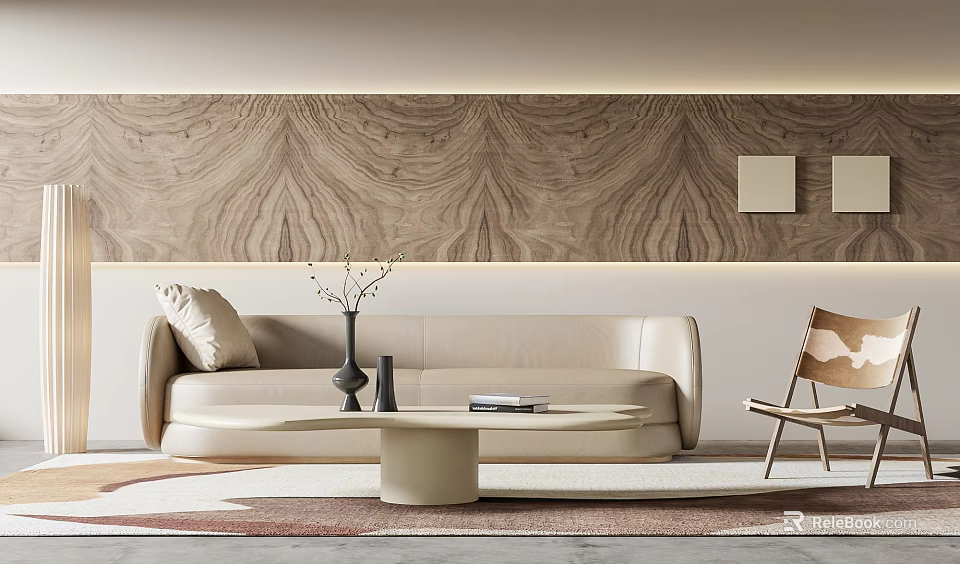 Beige Sofa And Round Coffee Table Set With Vase Books Wooden Textured Wall Soft Lighting 3d model 