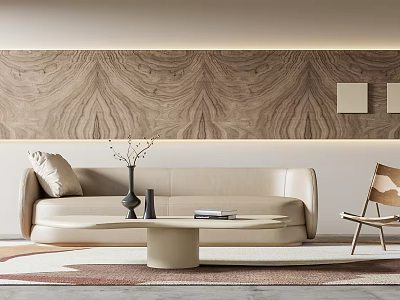 Beige Sofa And Round Coffee Table Set With Vase Books Wooden Textured Wall Soft Lighting 3d model