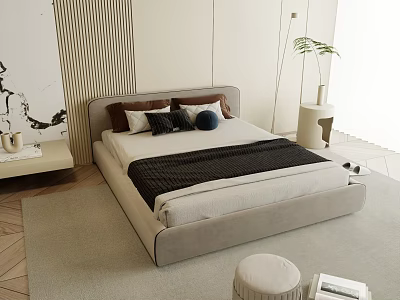 Modern Bedroom Interior With Gray Bed Pillows Blanket Side Table Plant And Decorative Wall 3d model