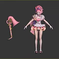 Game Movie Character With Pink Hair Frilly Pink Dress Holding Decorative Staff