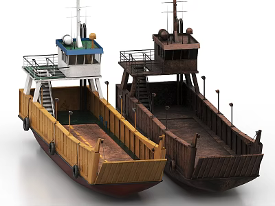 Two Cargo Ships With Different Colored Hulls Wooden Decks And Cabins 3d model