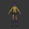 3D Character Design With Purple Hair Yellow Jacket Black Shorts And Purple Boots