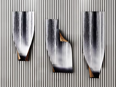 Modern Waterfall Design Wall Decor Three Pieces On Vertical Stripe Pattern Background 3d model