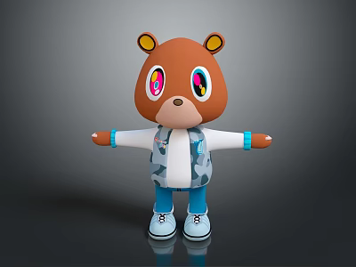Cute Brown Cartoon Bear with Big Colorful Eyes Wearing White Coat Blue Pants White Shoes 3d model