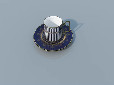 Elegant Blue Teacup With White Stripes And Gold Accented Saucer 3d model