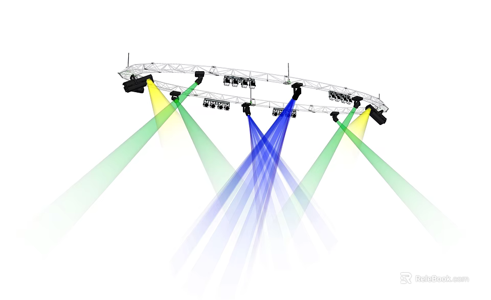 Ceiling Mounted Downlights And Spotlights With Multi Colored Light Beams For Stage Lighting Setup 3d model 