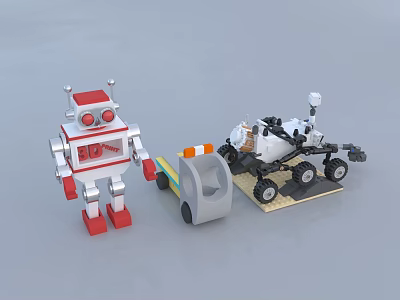 Building Blocks Red White Robot With Trailer And White Mars Rover Model 3d model