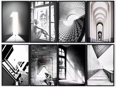 Monochrome Landscape Painting With Light Shadow Architectural Corridors Windows And Figure Silhouettes 3d model