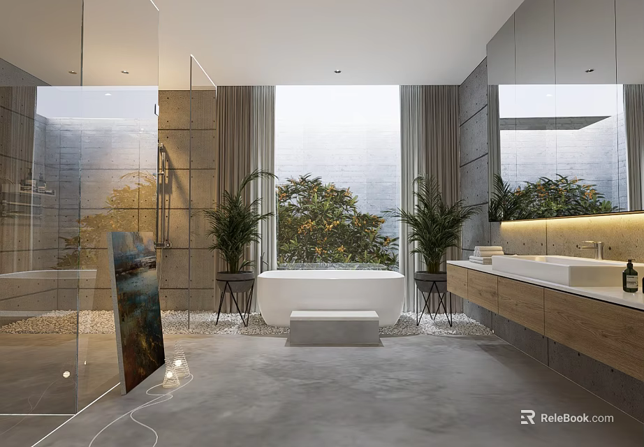 Modern Bathroom Interior With Bathtub Large Window Green Plants Natural View And Vanity 3d model 