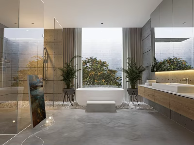 Modern Bathroom Interior With Bathtub Large Window Green Plants Natural View And Vanity 3d model