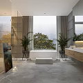 Modern Bathroom Interior With Bathtub Large Window Green Plants Natural View And Vanity
