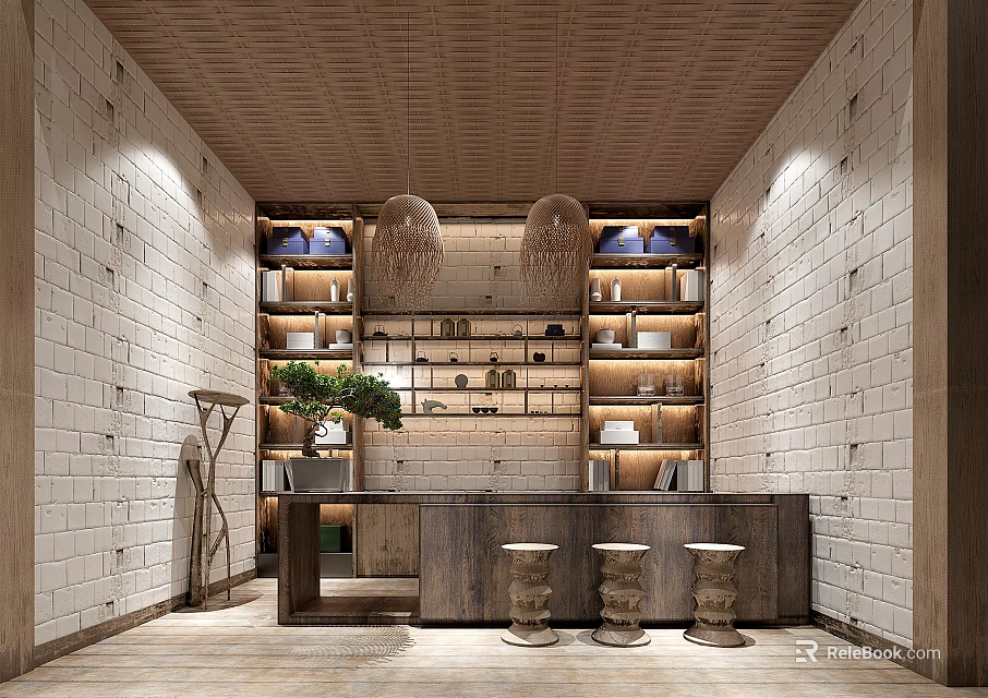 Warm Shop Front Desk With Wooden Counter Shelves And Pendant Lights 3d model 