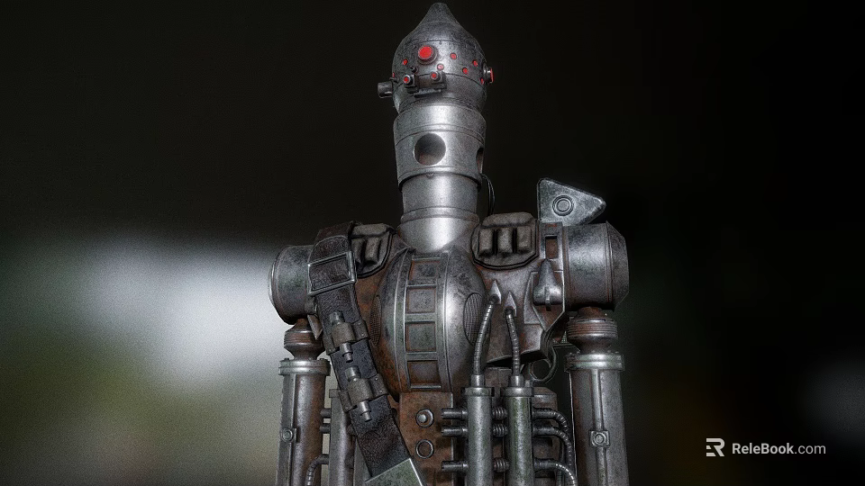 Game Movie Robot Character With Metallic Silver Body Red Head Lights And Mechanical Armor 3d model 
