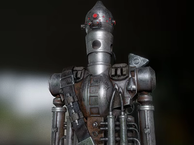 Game Movie Robot Character With Metallic Silver Body Red Head Lights And Mechanical Armor 3d model