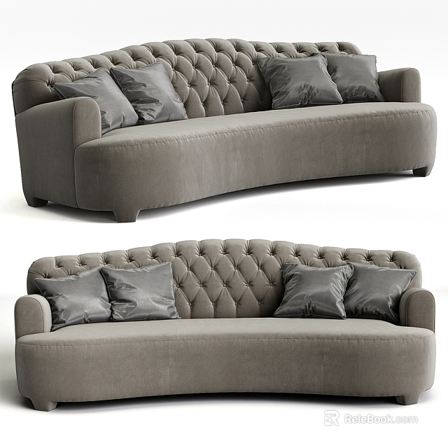 Gray Curved Tufted Multi Person Sofa With Soft Cushions And Modern Design 3d model 