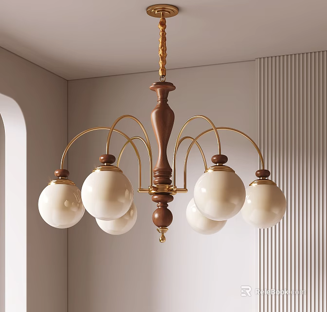 Multi Arm Wooden Metal Chandelier With White Spherical Shades For Modern Home Interior 3d model 