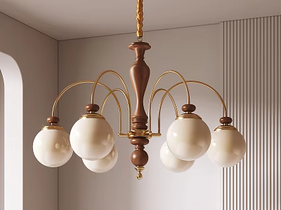 Multi Arm Wooden Metal Chandelier With White Spherical Shades For Modern Home Interior 3d model