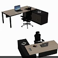 Modern L Shaped Office Desk With Laptop Documents Office Chair And Drawer Cabinet