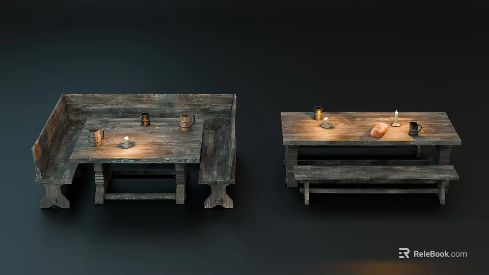 Rustic Wooden Dining Table Set With Benches Candles Cups And Bread 3d model 