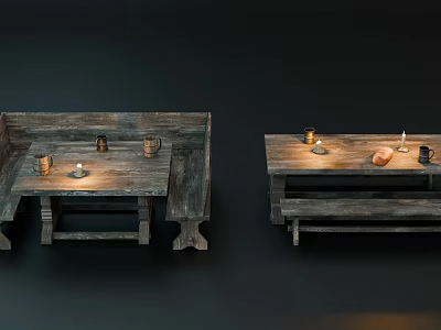 Rustic Wooden Dining Table Set With Benches Candles Cups And Bread 3d model