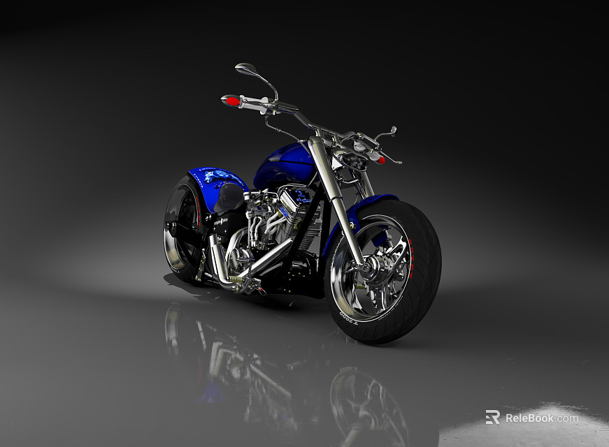 Sleek Blue Motorcycle with Chrome Details and Black Background Reflection Effect 3d model 