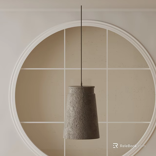 Modern Gray Conical Pendant Light With Circular Frame On Beige Grid Wall 3d model