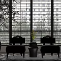 Leisure Sofa Set with Black Seats Coffee Table Yellow Flowers and Window Blinds Decor