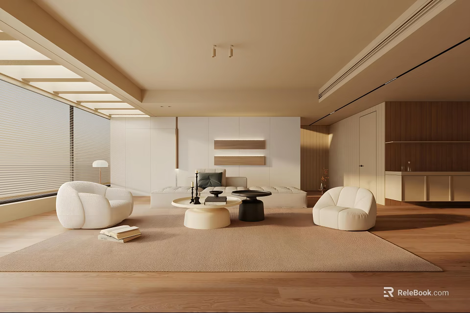 Modern Living Room Interior With Light Colored Sofas Coffee Table And Floor to Ceiling Windows 3d model 