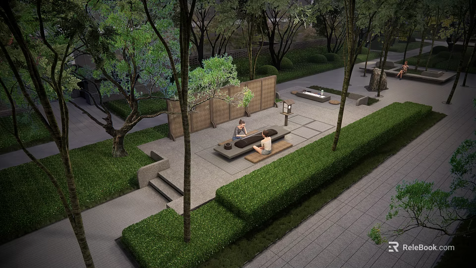 Serene Garden Landscape Design With Trees Lawns Stone Pathways Benches And People Relaxing 3d model 