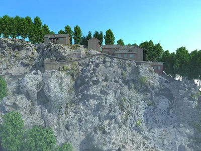 Rocky Hill With Traditional Buildings Surrounded by Green Trees and Blue Sky 3d model