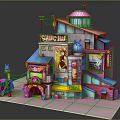 Colorful Cartoon Building Scene With Shave Ray Signboard Ice Cream Truck And Posters