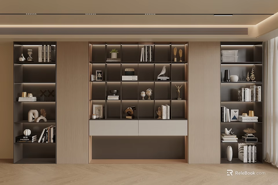 Modern Bookcase Interior Design With Multiple Shelves Books And Decorative Items 3d model 