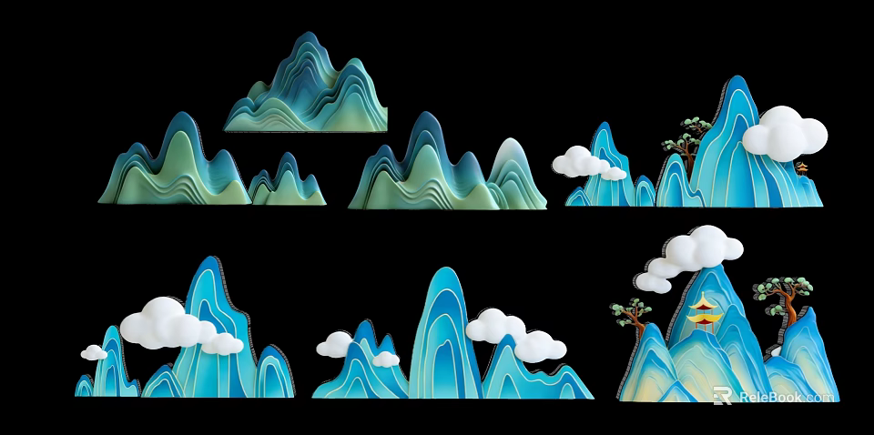 Blue Green Mountain Shaped Hanging Decor With Cloud Accents And Pine Tree 3d model