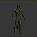 Futuristic Humanoid Character In Teal And Gold Bio Mechanical Armor With Detailed Patterns