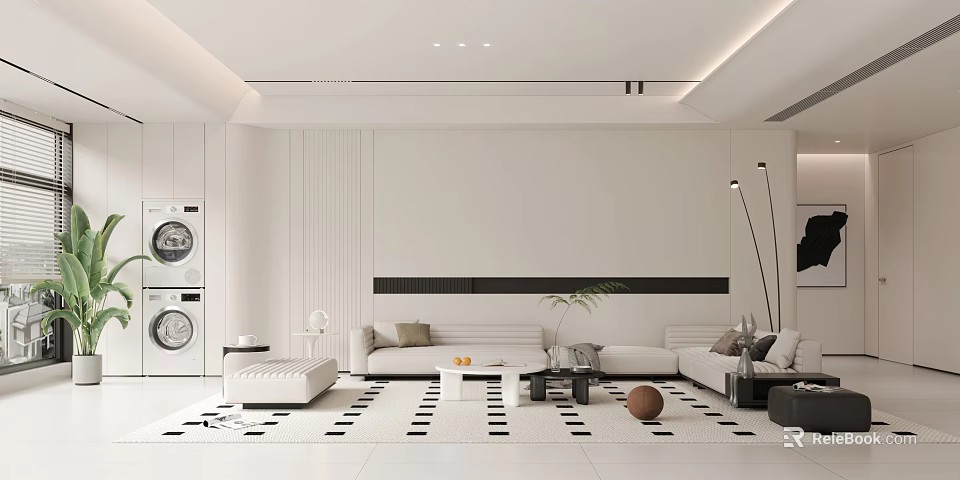 Modern White Living Room Interior With Spacious Sofa Coffee Table Area Rug And Floor Lamp 3d model 