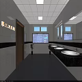 Bright Public Restroom Interior With White Tiled Walls Black Countertops Digital Screen And Potted Plants