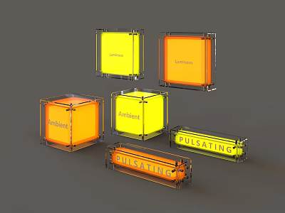 Colorful Light Boxes in Various Shapes with Yellow Orange Hues Pulsating Luminous Design 3d model