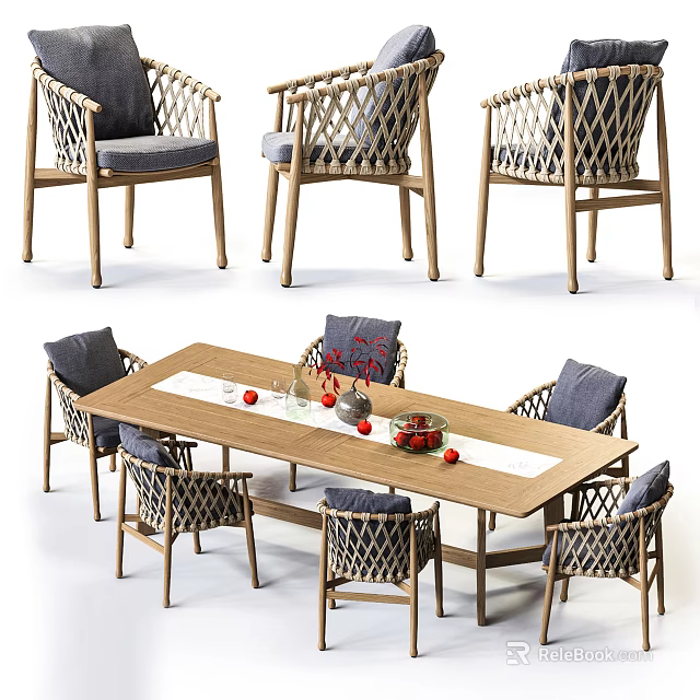Modern Wooden Dining Table Set With Woven Chairs Blue Cushions And Decorative Items 3d model 