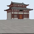 Traditional Ancient Chinese Architecture With Overhanging Eaves Black Roof Red Door And Stone Slab Square