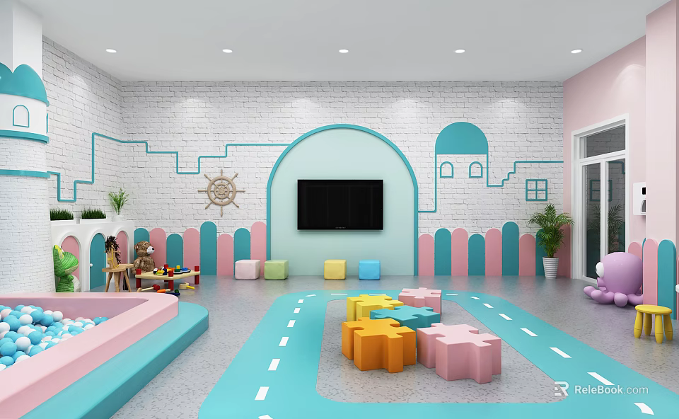 Kindergarten Interior Space With Colorful Puzzle Seats Blue Track Floor And Castle Decorations 3d model 
