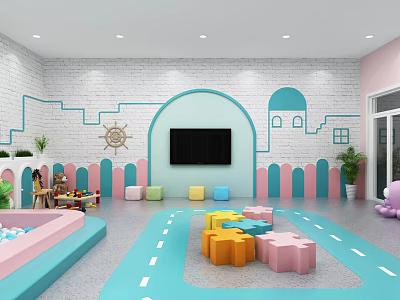 Kindergarten Interior Space With Colorful Puzzle Seats Blue Track Floor And Castle Decorations 3d model