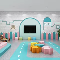 Kindergarten Interior Space With Colorful Puzzle Seats Blue Track Floor And Castle Decorations