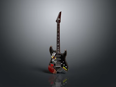 Household Electric Guitar With Black Body And Decorative Stickers On Gray Background 3d model