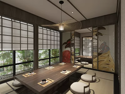 Japanese Private Dining Room With Long Wooden Table Round Cushions Shoji Screens And Green Plants 3d model