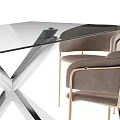 Modern Glass Top Dining Table Set With Cross Metal Legs And Upholstered Chairs