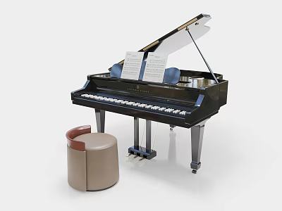 Elegant Black Grand Piano Musical Instrument With Beige Stool And Music Sheets 3d model
