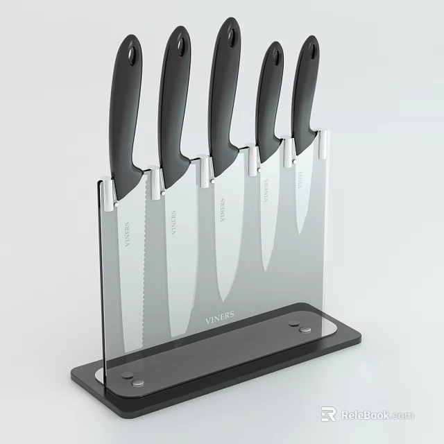 Five Piece Kitchen Knife Set In Transparent Acrylic Block With Black Base 3d model 
