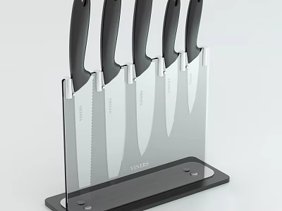 Five Piece Kitchen Knife Set In Transparent Acrylic Block With Black Base 3d model