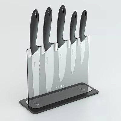 Five Piece Kitchen Knife Set In Transparent Acrylic Block With Black Base 3d model