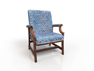 Traditional Armchair With Blue Patterned Fabric Upholstery Wooden Armrests And Wooden Legs For Living Room 3d model